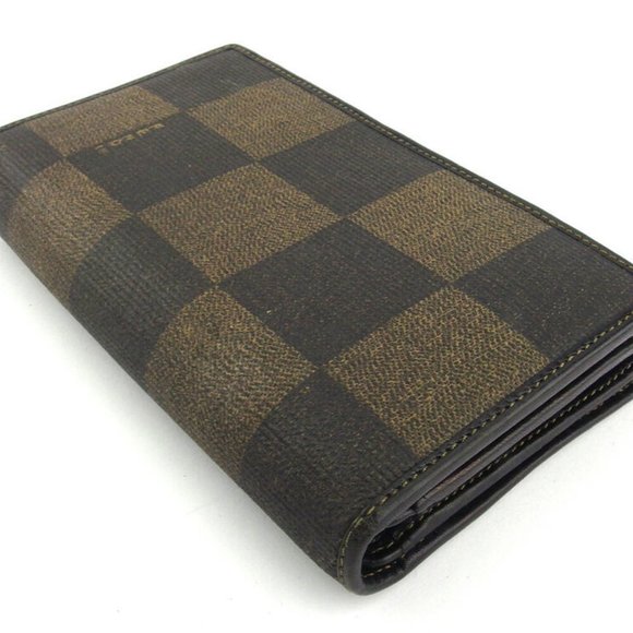 Authentic FENDI L-shaped zipper purse block check beige PVC ~ leather Auth used - Picture 3 of 9